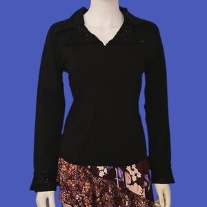 M. NICOLE black beaded double collar long sleeve sweater blouse